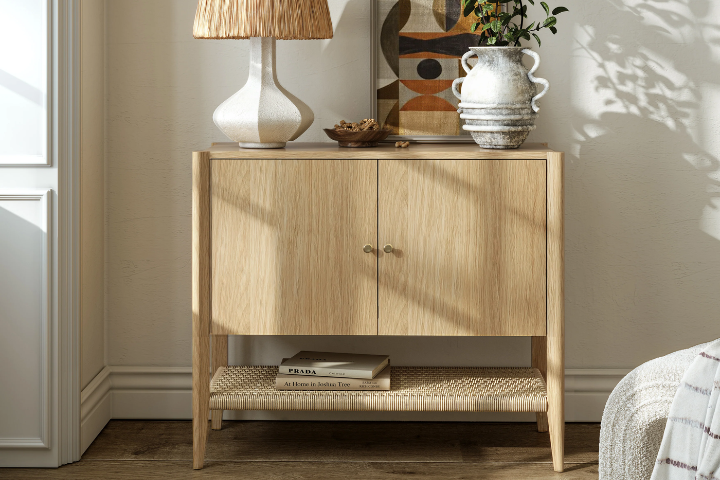 Cashel Small Sideboard with ratten shelf lifestyle