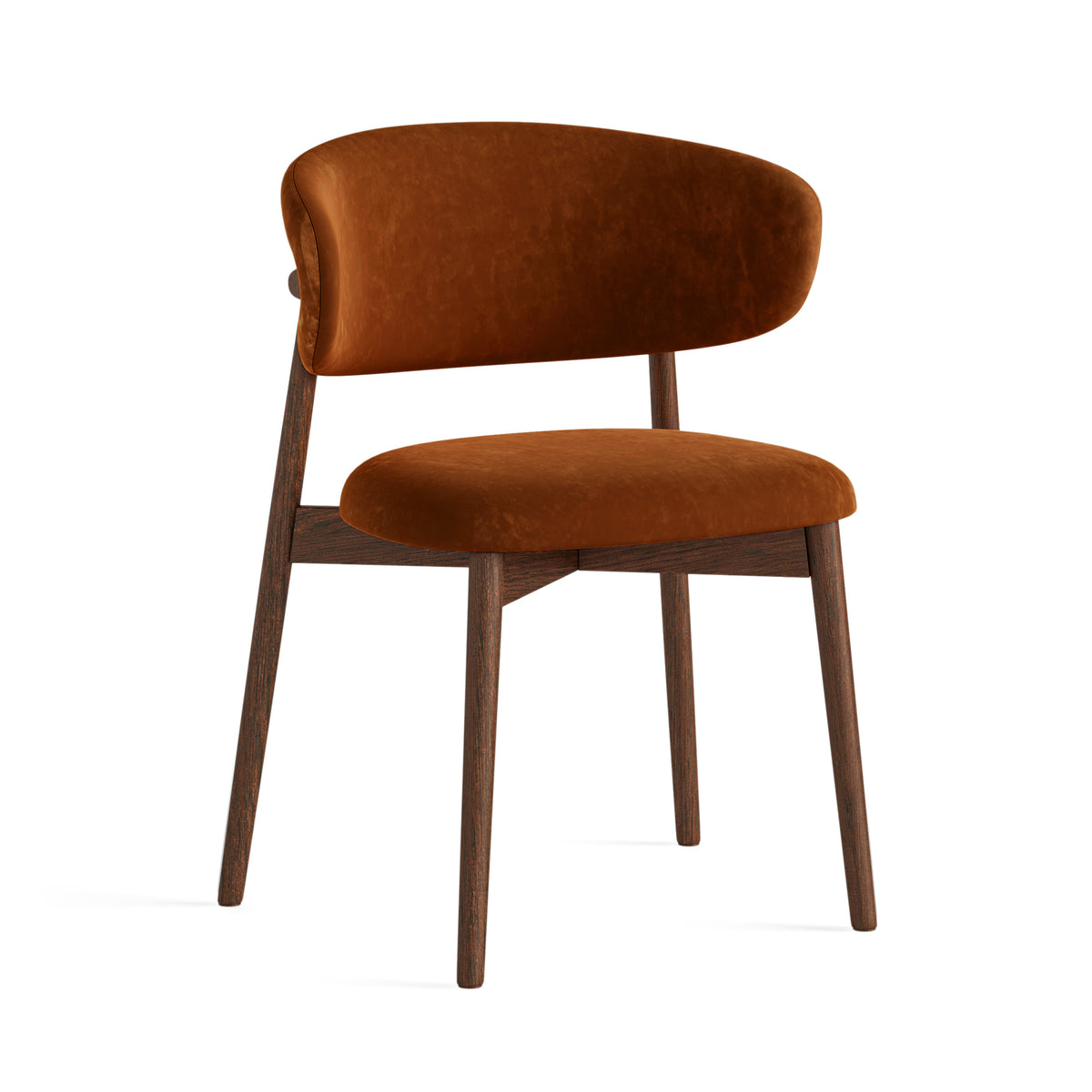 Laurel Orange Velvet Dining Chair with dark wood