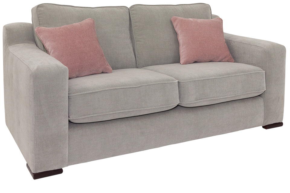 Robin 2 Seater Sofa in a warm grey fabric with pink cushions