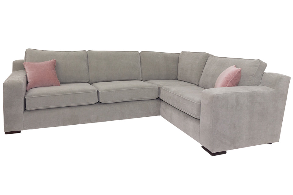Robin Small Corner Sofa in a warm grey amd pink cushions